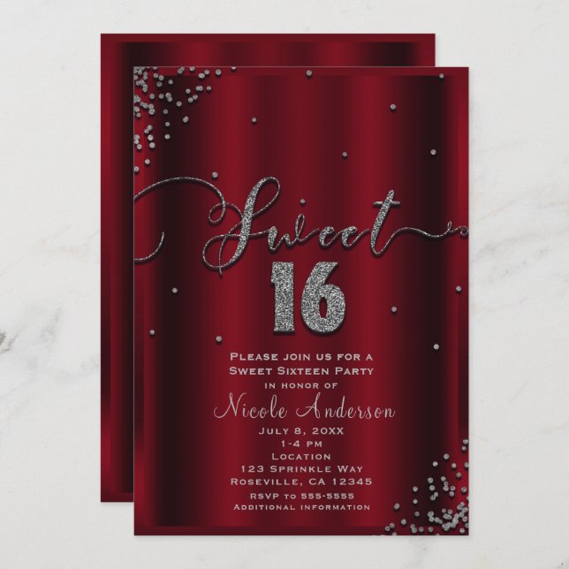 Invitación DULCE 16 Dieciséis Rincones De Confetti Rojo Y Pla (Anverso / Reverso)