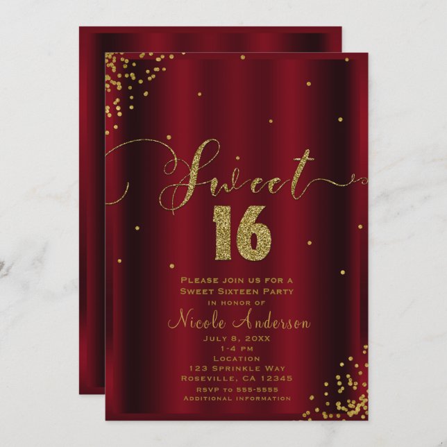Invitación DULCE 16 Dieciséis Rincones Red & Gold Confetti (Anverso / Reverso)
