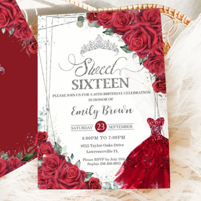Invitación Dulce 16 Dieciséis Rosas Rojas Plateadas Vestido F (Subido por el creador)