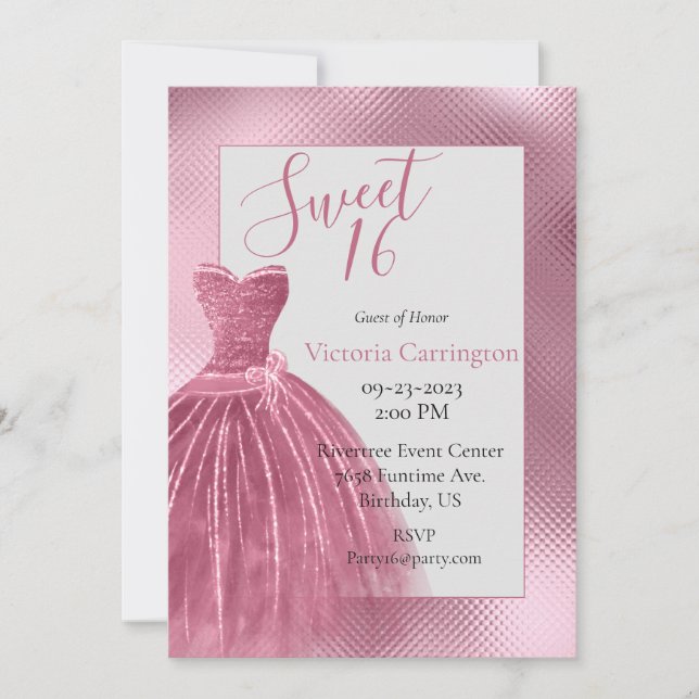 Invitación Dulce 16 Dieciséis Vestidos Purpurinas Rosa Elegan (Anverso)