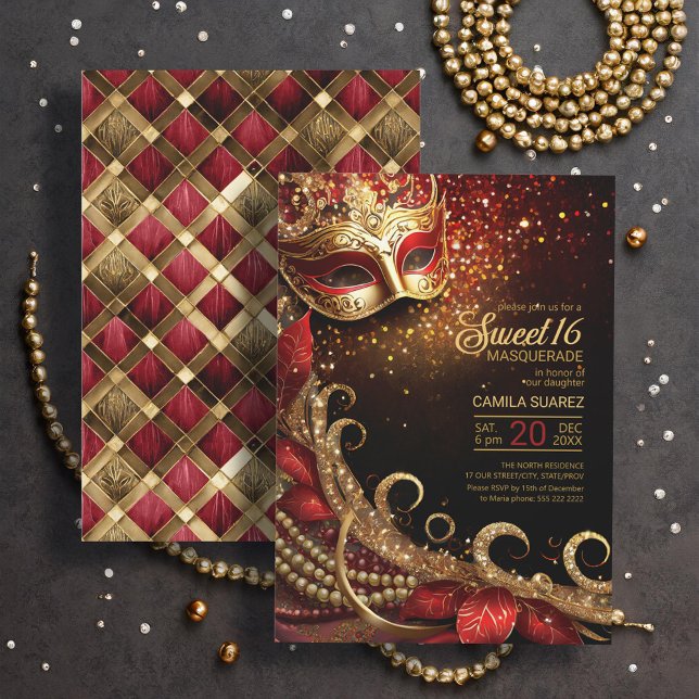 Invitación Dulce 16 DNI de oro rojo de mascarada 1032 (Subido por el creador)