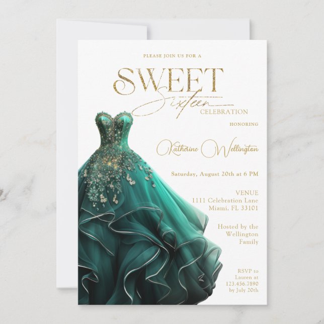 Invitación Dulce 16 Dorado de vestido verde esmeralda (Anverso)