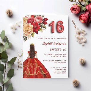 Invitación Dulce 16 dorado rojo vestido de flores rosas blanc