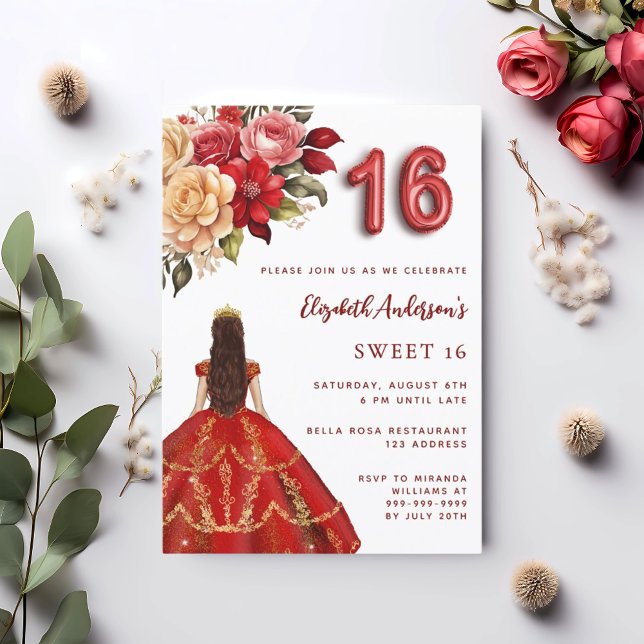 Invitación Dulce 16 dorado rojo vestido de flores rosas blanc (Subido por el creador)