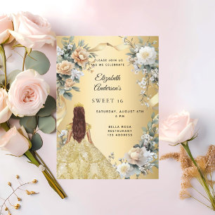 Invitación Dulce 16 dorado vestido de flores amarillas