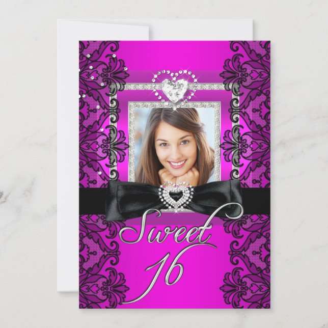 Invitación Dulce 16 Dulce Dieciséis Rosa Lace Negro Foto (Anverso)