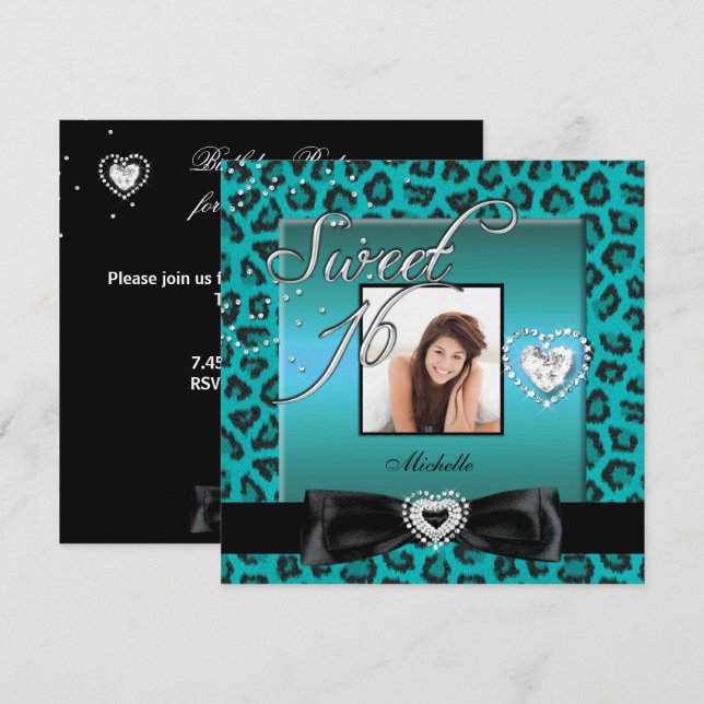 Invitación Dulce 16 dulce dieciséis Verde azulados leopardo n (Anverso / Reverso)
