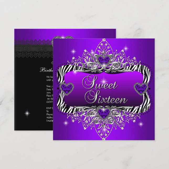 Invitación Dulce 16 Dulce fiesta de cumpleaños Morado Negro (Anverso / Reverso)