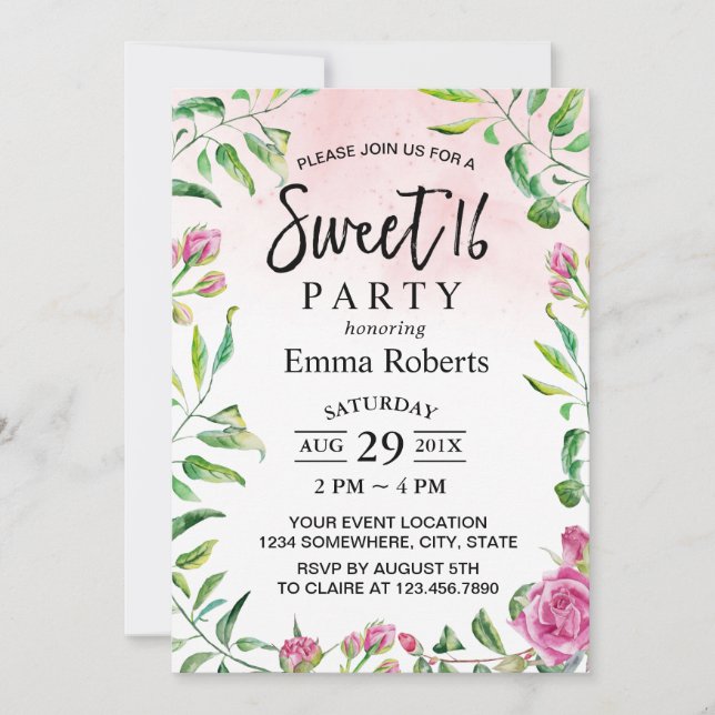 Invitación Dulce 16 Elegante acuarela Floral Chica Cumpleaños (Anverso)