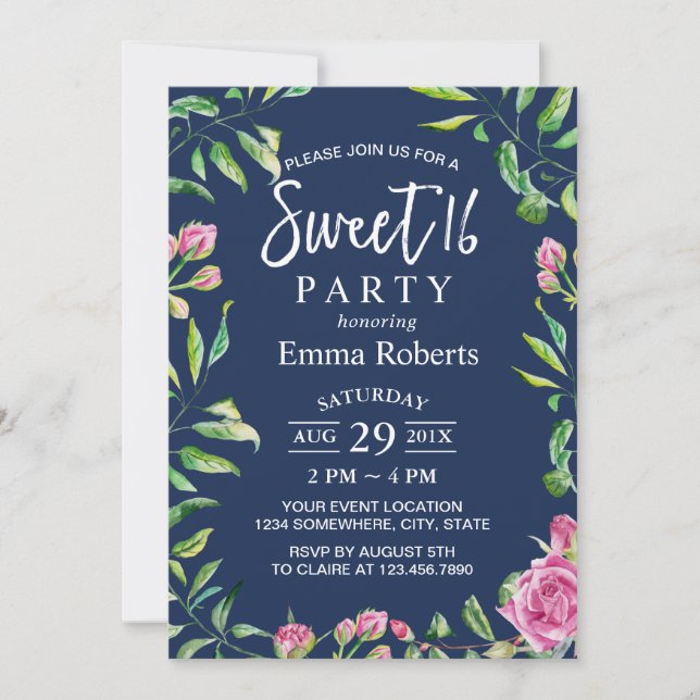 Invitación Dulce 16 Elegante acuarela Floral Marina Azul (Anverso)