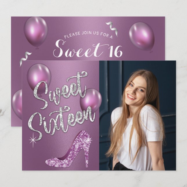 Invitación Dulce 16 Elegante Chica de fotografía morada 16º c (Anverso / Reverso)