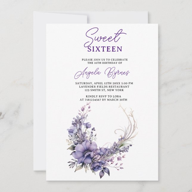 Invitación Dulce 16 Elegante Morado Floral Wreath Watercolor (Anverso)