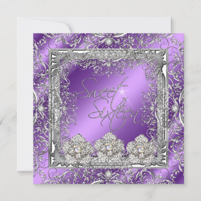 Invitación Dulce 16 Elegante Plata Púrpura Fiesta de Cumpleañ (Anverso)