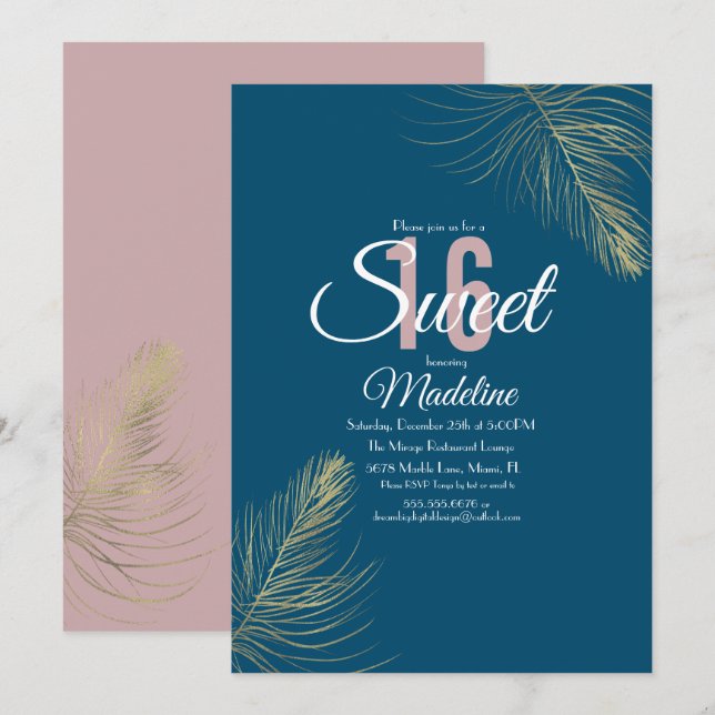 Invitación Dulce 16 elegante pluma de oro azul rosa Rubor (Anverso / Reverso)