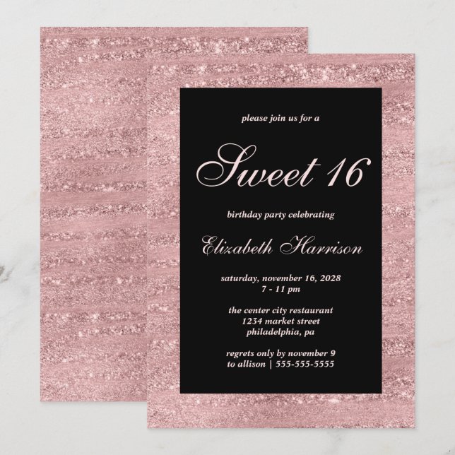 Invitación Dulce 16 Elegante Rosa Fiesta de Cumpleaños Negro  (Anverso / Reverso)