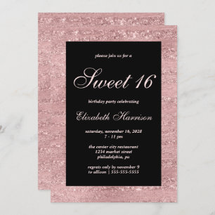 Invitación Dulce 16 Elegante Rosa Fiesta de Cumpleaños Negro 