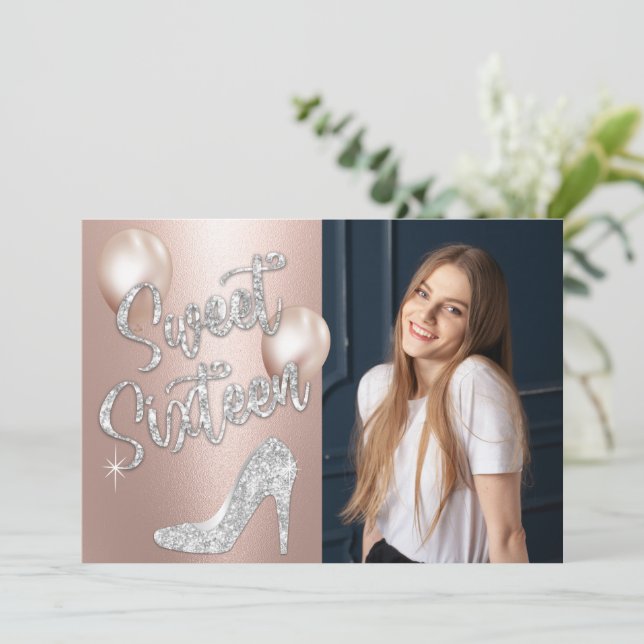 Invitación Dulce 16 Elegante Rosa Oro y Plata Fotos Cumpleaño (Anverso de pie)