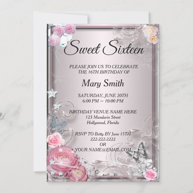 Invitación Dulce 16 Elegante Rosas Rosadas Mariposa Cumpleaño (Anverso)