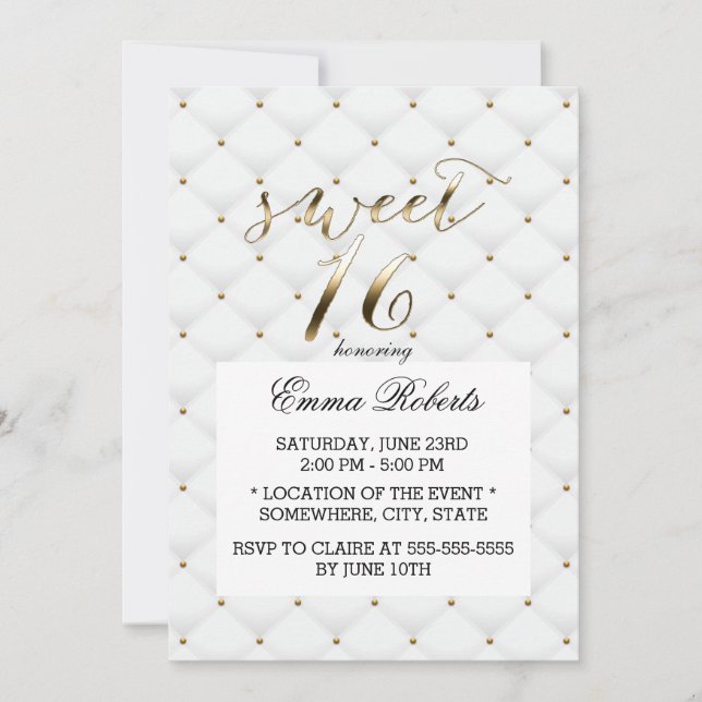 Invitación Dulce 16 Elegantes Techos Oro y Blanco (Anverso)