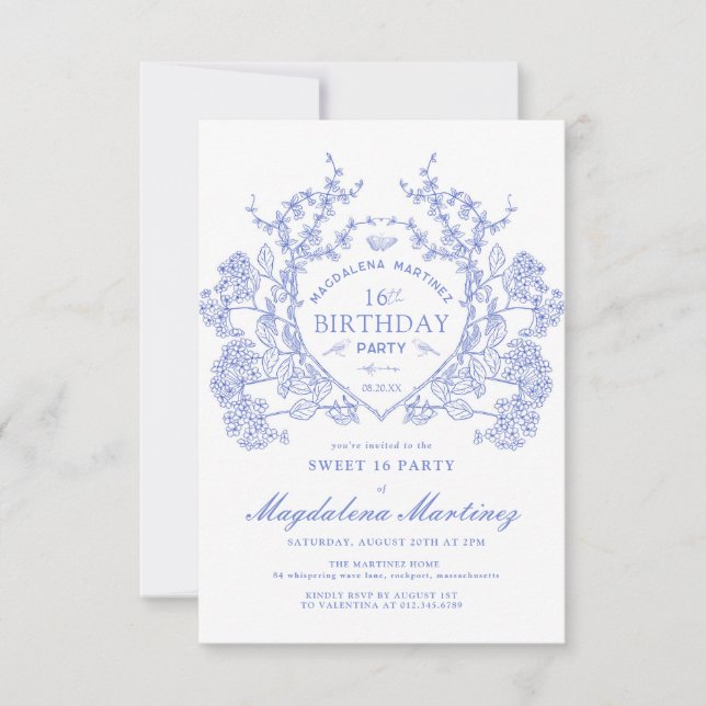 Invitación Dulce 16 Escudo de Floral Azul de la época frances (Anverso)