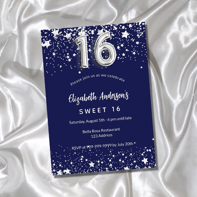 Invitación dulce 16 estrellas azul marino de plata lujo (Subido por el creador)