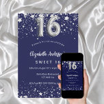 Invitación dulce 16 estrellas color azul marino plateado<br><div class="desc">Una invitación moderna,  elegante y glamurosa para una fiesta de 16 y 16 años. Un fondo azul marino,  decorado con estrellas de imitación plateadas. Personalice y agregue su nombre y detalles del fiesta. El número 16 se escribe con un tipo de letra de estilo globo.</div>