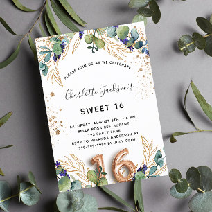Invitación Dulce 16 eucalipto verde purpurina lujo