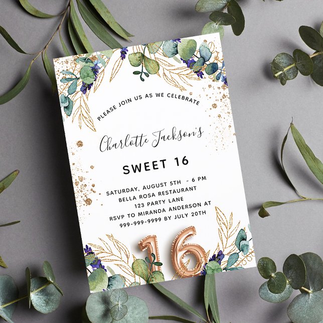 Invitación Dulce 16 eucalipto verde purpurina lujo (Subido por el creador)