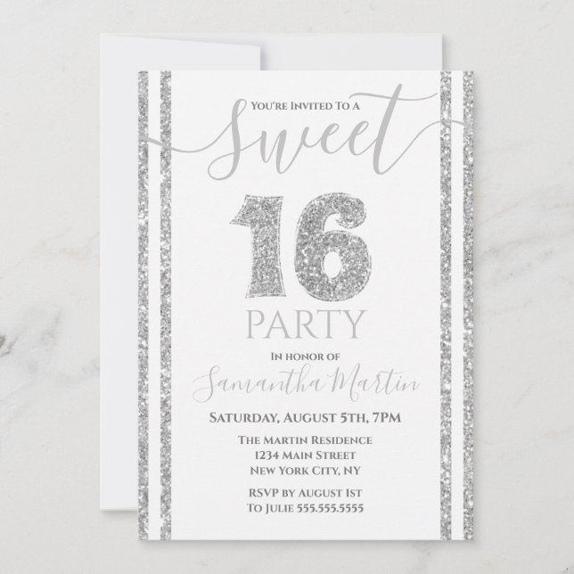 Invitación Dulce 16 Faux Purpurina Plata a rayas Cumpleaños (Anverso)