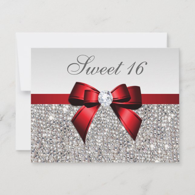 Invitación Dulce 16 Faux Silver Secuencias Diamantes Color Ro (Anverso)