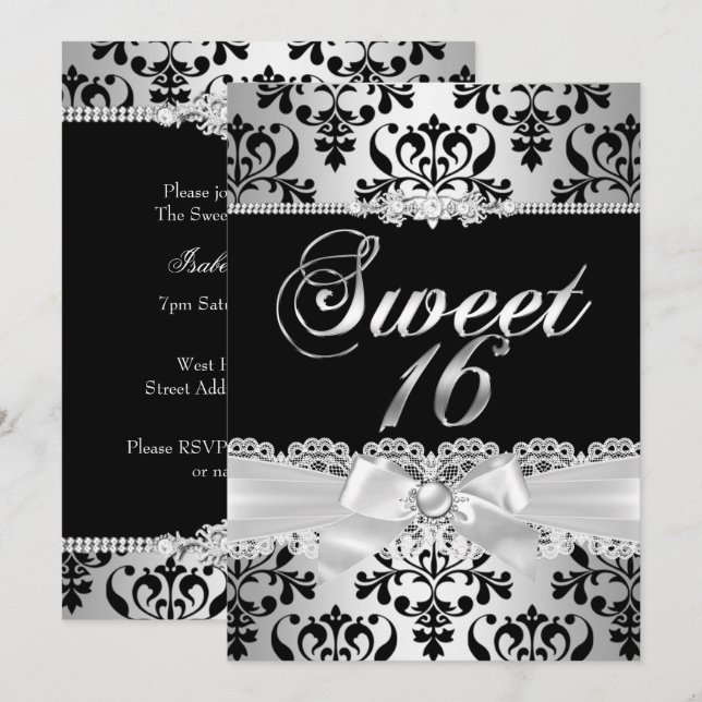 Invitación Dulce 16 Fiesta Black Silver Damask Pearl Bow (Anverso / Reverso)