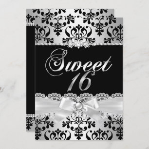 Invitación Dulce 16 Fiesta Black Silver Damask Pearl Bow