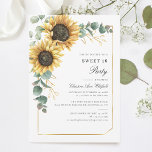Invitación Dulce 16 Fiesta de cumpleaños de Eucalipto de gira<br><div class="desc">Eucalyptus Sunflower Floral Script Sweet 16 Birthday Party Invitation puede personalizar fácilmente con los sorprendentes detalles del fiesta haciendo clic en el botón "Personalizar". Con flores y vegetación amarillo brillante suculento con un marco geométrico de Relieve metalizado dorado y tipografía moderna</div>