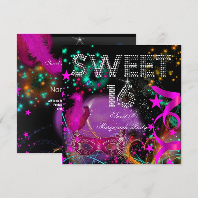 Invitación Dulce 16 fiesta de cumpleaños de mascarada negro r (Anverso / Reverso)