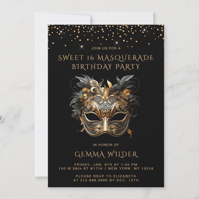 Invitación Dulce 16 fiesta de cumpleaños de mascarada Oro neg (Anverso)