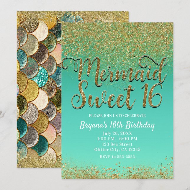 Invitación Dulce 16 Fiesta de cumpleaños de sirena Verde azul (Anverso / Reverso)
