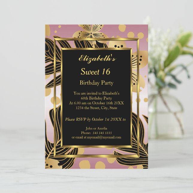Invitación Dulce 16 Fiesta de cumpleaños Dorado Floral Rosa (Anverso de pie)