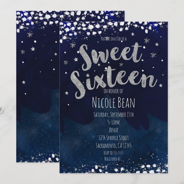 Invitación Dulce 16 fiesta de cumpleaños estelar azul y plata (Anverso / Reverso)