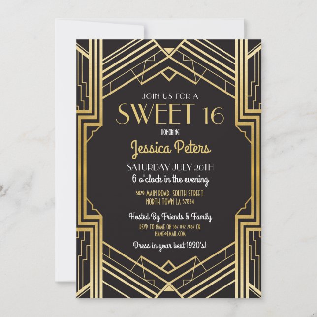 Invitación Dulce 16 Fiesta de Cumpleaños Gatsby Art Deco Invi (Anverso)
