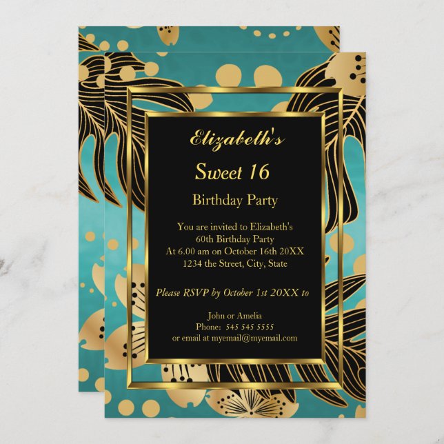 Invitación Dulce 16 Fiesta de cumpleaños Oro Verde azulado fl (Anverso / Reverso)