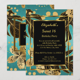 Invitación Dulce 16 Fiesta de cumpleaños Oro Verde azulado fl