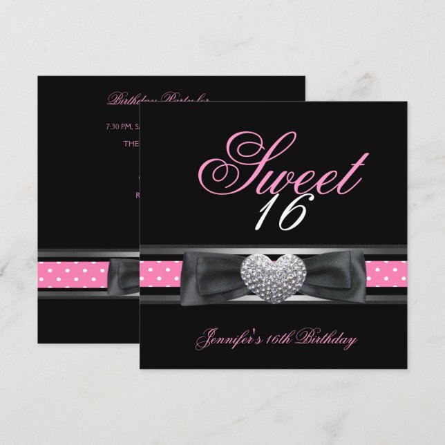 Invitación Dulce 16 Fiesta de cumpleaños Punto Blanco Rosa Ne (Anverso / Reverso)