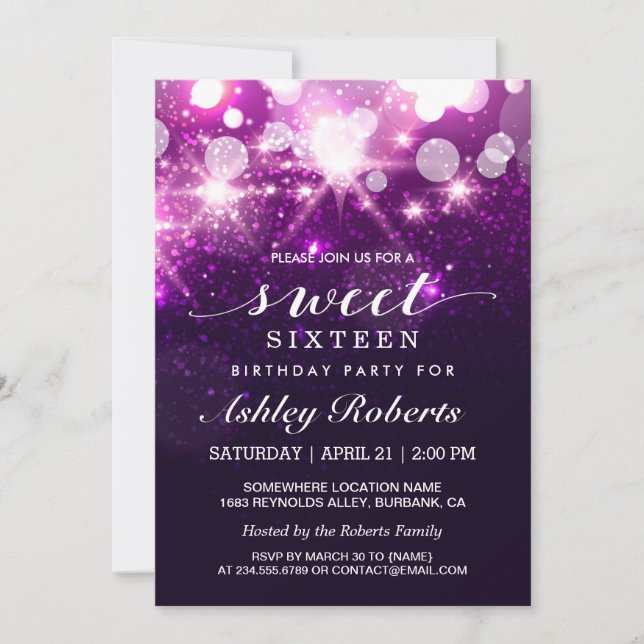 Invitación Dulce 16 Fiesta de cumpleaños Purpurina morado tre (Anverso)