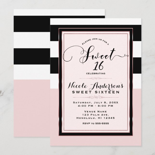 Invitación Dulce 16 Fiesta de franjas blancas y negras rosada (Anverso / Reverso)