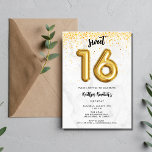 Invitación Dulce 16 Fiesta de globo de cumpleaños 16<br><div class="desc">Adorables invitaciones dulces para fiestas de 16 años en un diseño de globo negro y dorado de 16 globos sobre papel falso de mármol gris. Personalizar con los detalles de su fiesta y envíelos por correo a su familia y amigos invitándolos a celebrar su 16 cumpleaños.</div>