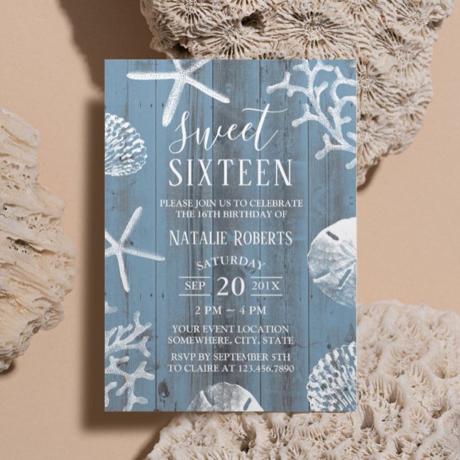 Invitación Dulce 16 Fiesta Elegante Dusty Blue Beach Starfish (Subido por el creador)