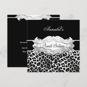 Invitación Dulce 16 Fiesta Elegante Leopardo Blanco Negro