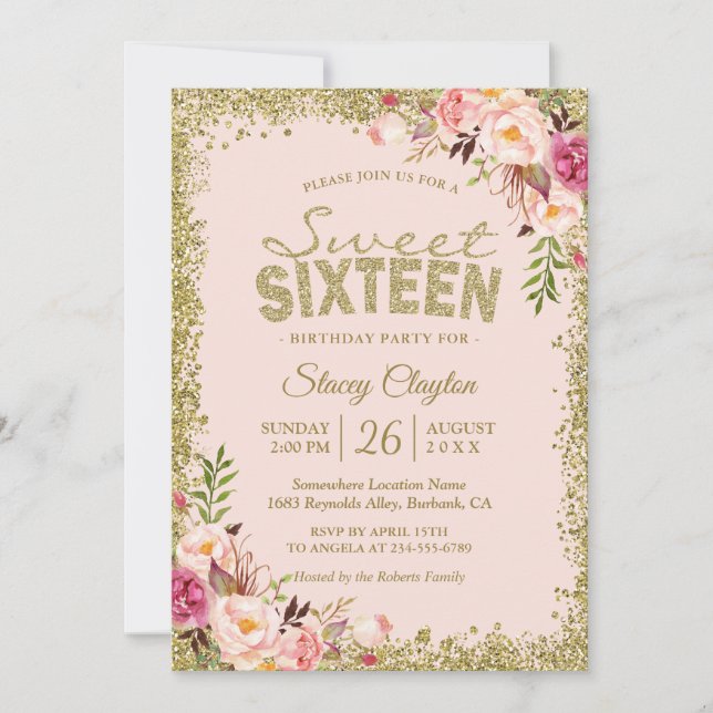 Invitación Dulce 16 Fiesta - Floral de Purpurinas de oro rosa (Anverso)