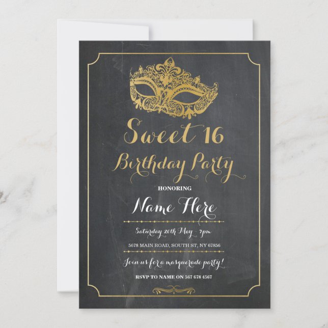 Invitación Dulce 16 Fiesta MASQUERADE Camisa de Oro cumpleaño (Anverso)