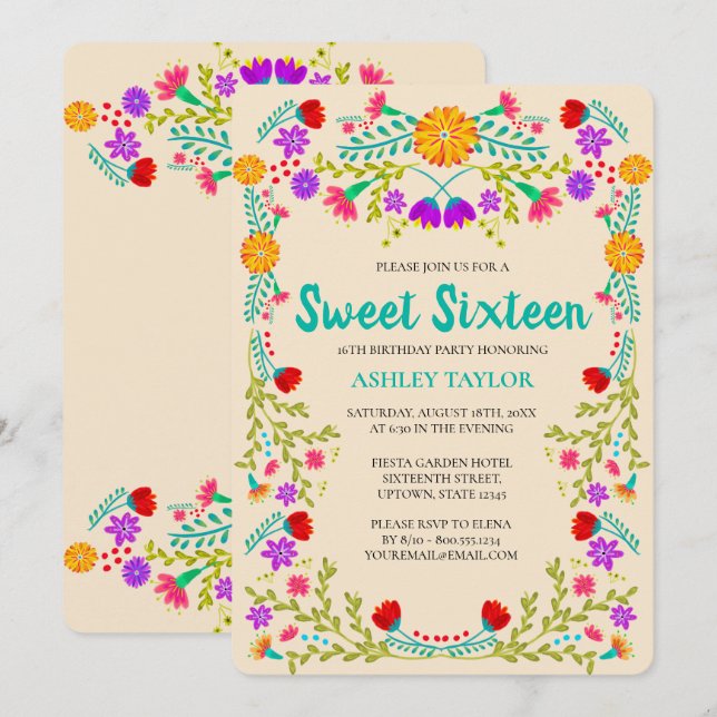Invitación Dulce 16 Fiesta Mexicana Champaña Aniversario Flor (Anverso / Reverso)